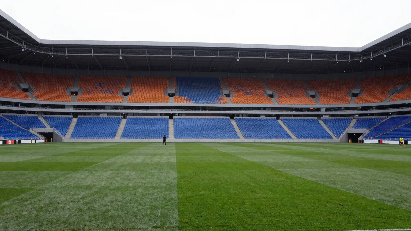 Stadium ground view at match time, natural daylight, telephoto de