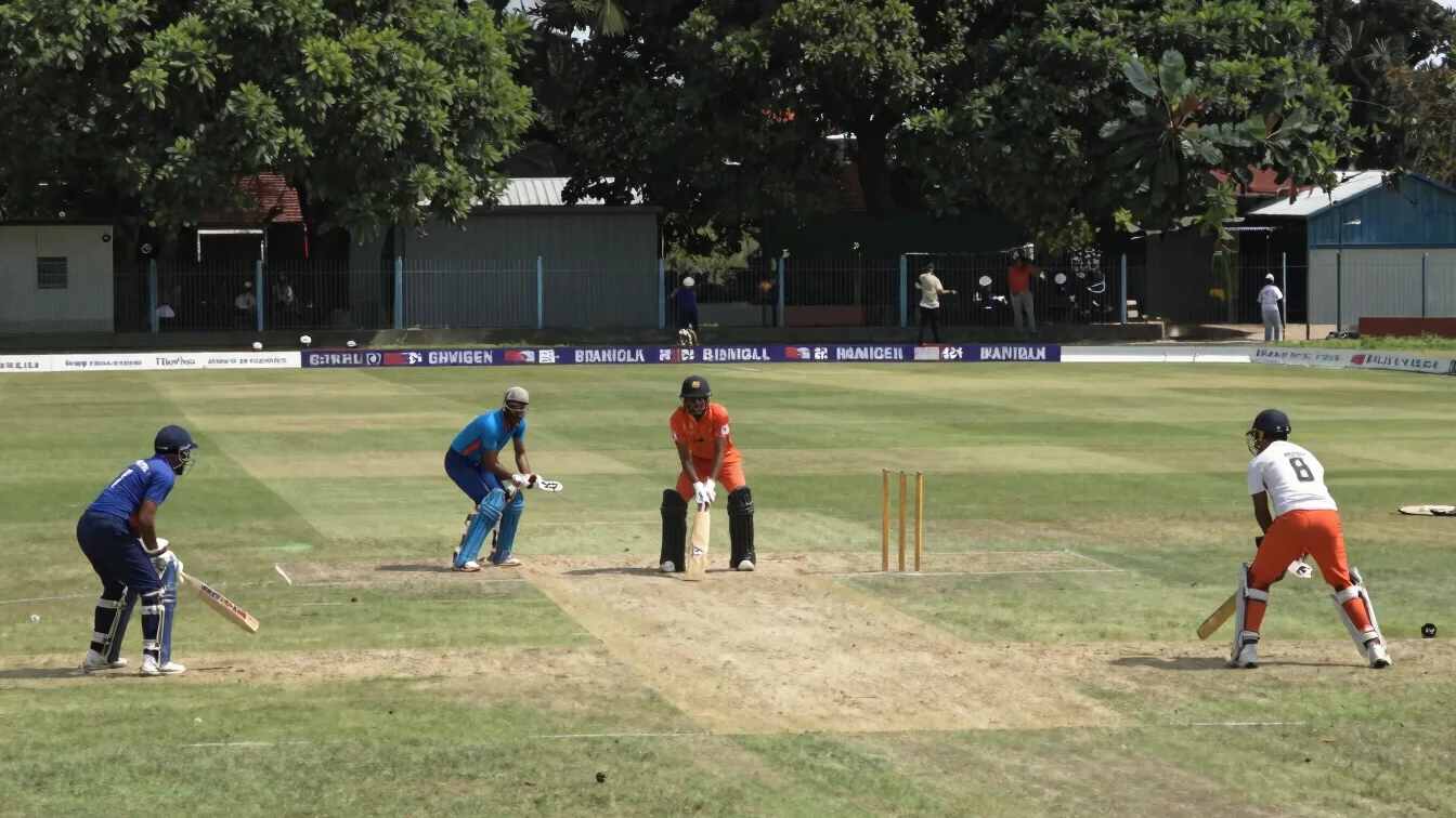 Players in play on a cricket field, documentary framing, 16:9