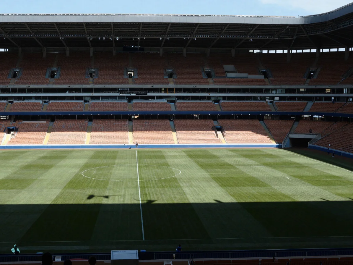 Wide match-day ground view under natural daylight, telephoto fram