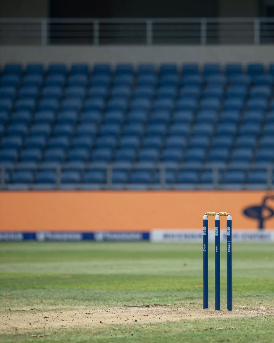 Telephoto documentary photograph of a cricket pitch under natural